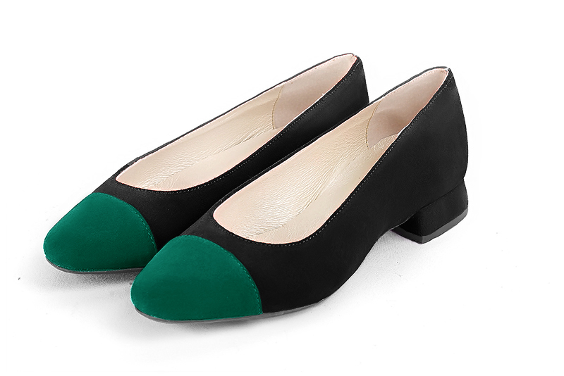 Emerald green and matt black women's ballet pumps, with low heels. Round toe. Flat block heels - Florence KOOIJMAN